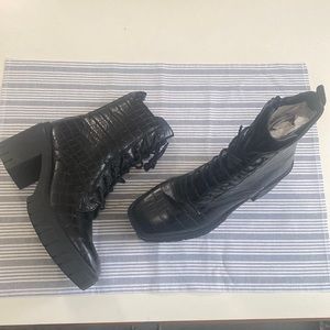 Croc patterned platform lace up boots